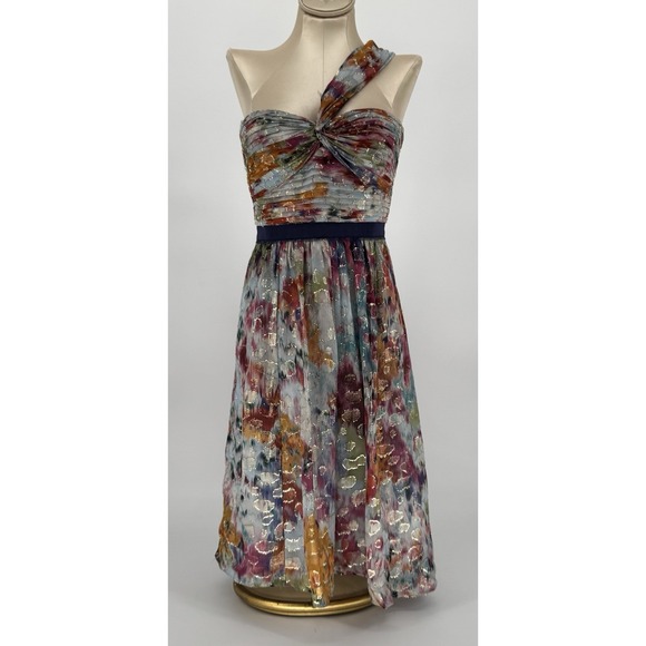 BCBGMaxAzria Dresses & Skirts - BCBGMAXAZRIA Inga Silk Metallic Dress One Shoulder Watercolor Pleated Size 2